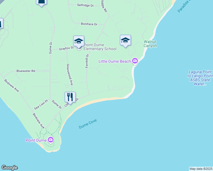 map of restaurants, bars, coffee shops, grocery stores, and more near 28899 Cliffside Drive in Malibu