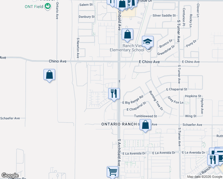 map of restaurants, bars, coffee shops, grocery stores, and more near 2651 Dolomite Street in Ontario