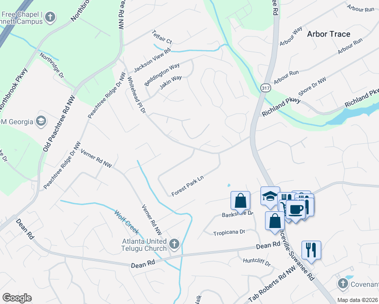 map of restaurants, bars, coffee shops, grocery stores, and more near 720 Forest Park Lane in Suwanee