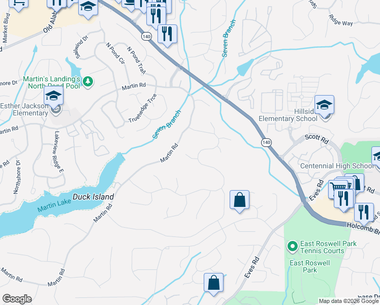 map of restaurants, bars, coffee shops, grocery stores, and more near 225 Tallwood Terrace in Roswell