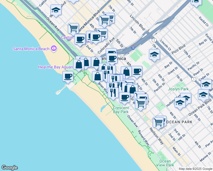 map of restaurants, bars, coffee shops, grocery stores, and more near 1740 Ocean Avenue in Santa Monica