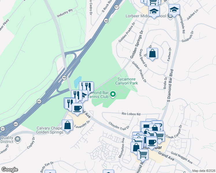 map of restaurants, bars, coffee shops, grocery stores, and more near 22804 Hilton Head Drive in Diamond Bar