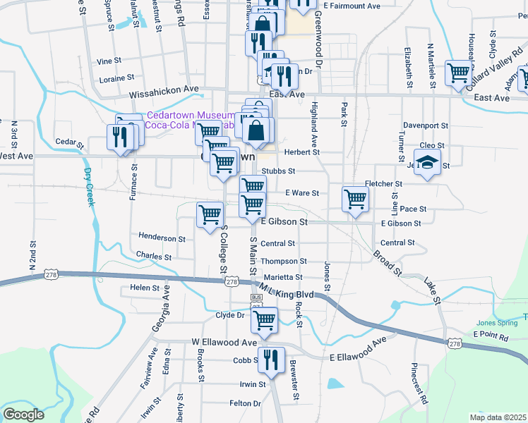 map of restaurants, bars, coffee shops, grocery stores, and more near 123 East Gibson Street in Cedartown