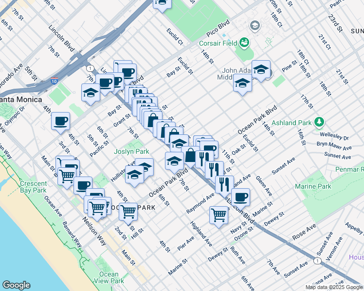 map of restaurants, bars, coffee shops, grocery stores, and more near 822 Pine Street in Santa Monica