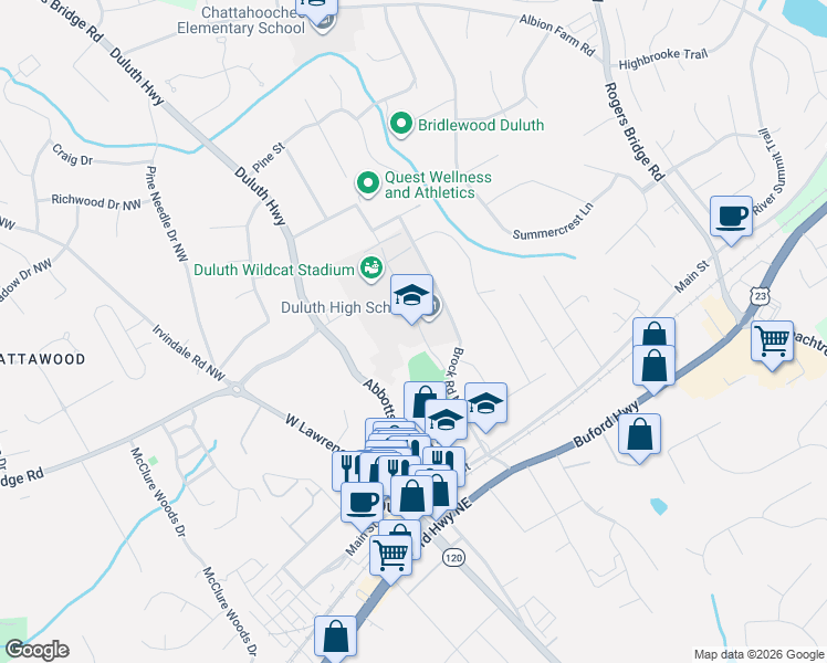 map of restaurants, bars, coffee shops, grocery stores, and more near 3737 Brock Road Northwest in Duluth