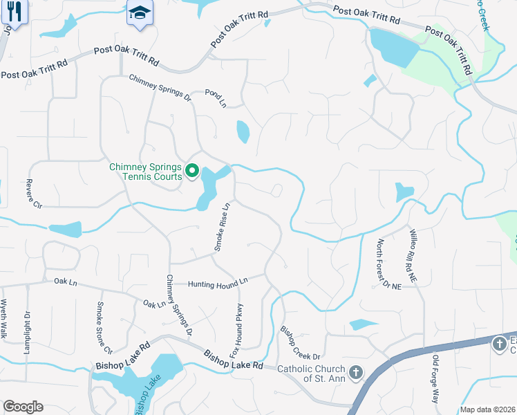 map of restaurants, bars, coffee shops, grocery stores, and more near 2723 Chimney Springs Drive in Marietta
