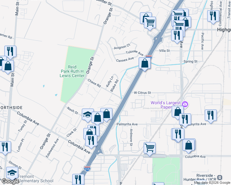 map of restaurants, bars, coffee shops, grocery stores, and more near 3248 Chase Road in Riverside