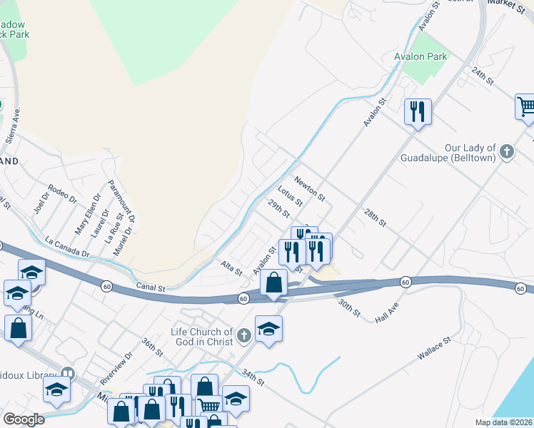 map of restaurants, bars, coffee shops, grocery stores, and more near 5750 Kenwood Place in Riverside