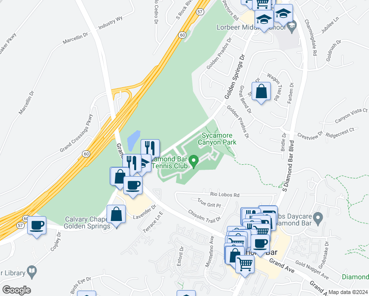 map of restaurants, bars, coffee shops, grocery stores, and more near 22700 Lakeway Drive in Diamond Bar
