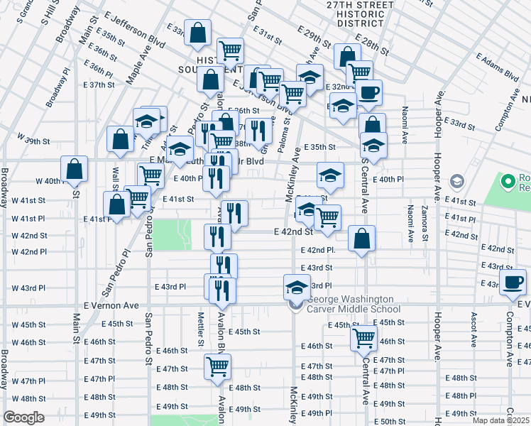 map of restaurants, bars, coffee shops, grocery stores, and more near 722 East 41st Place in Los Angeles