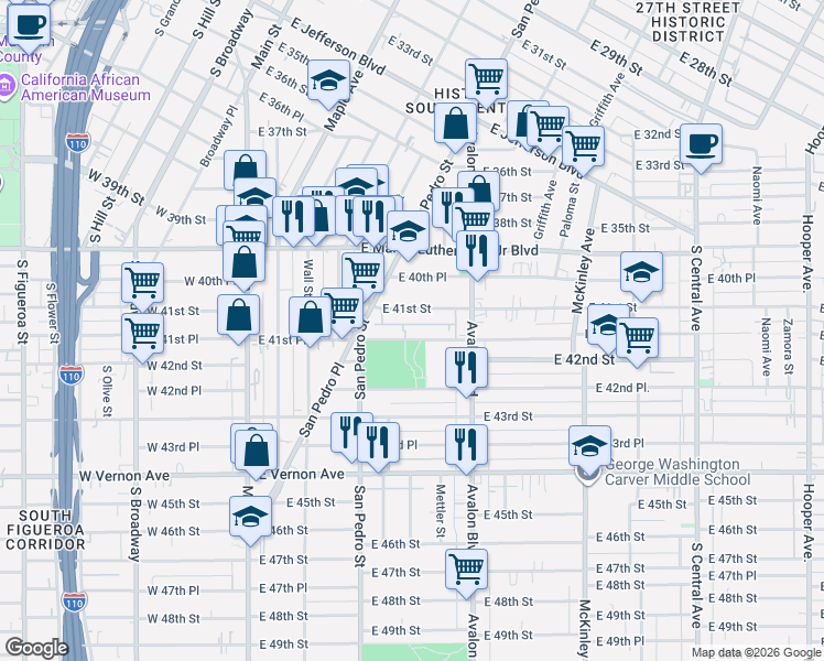 map of restaurants, bars, coffee shops, grocery stores, and more near 443 East 41st Place in Los Angeles