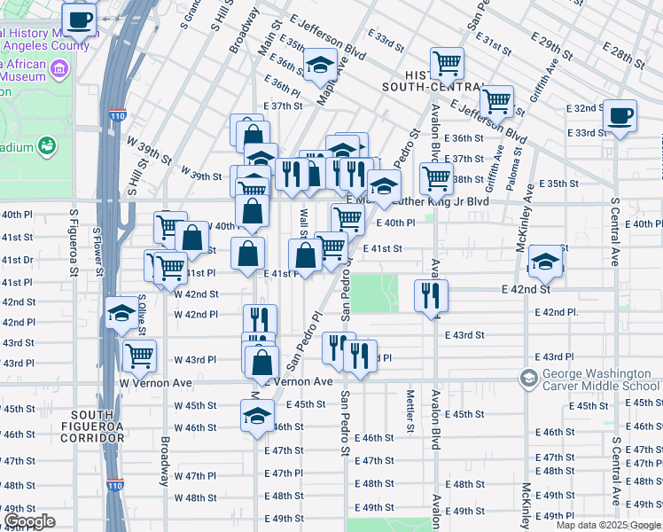 map of restaurants, bars, coffee shops, grocery stores, and more near 230 East 41st Place in Los Angeles