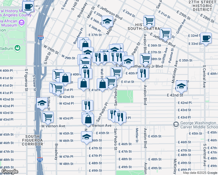map of restaurants, bars, coffee shops, grocery stores, and more near 230 East 41st Place in Los Angeles