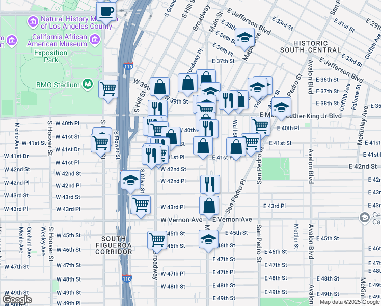 map of restaurants, bars, coffee shops, grocery stores, and more near 138 West 41st Place in Los Angeles