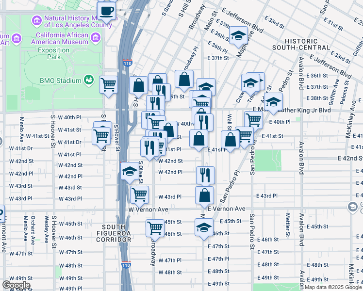 map of restaurants, bars, coffee shops, grocery stores, and more near 212 West 41st Place in Los Angeles