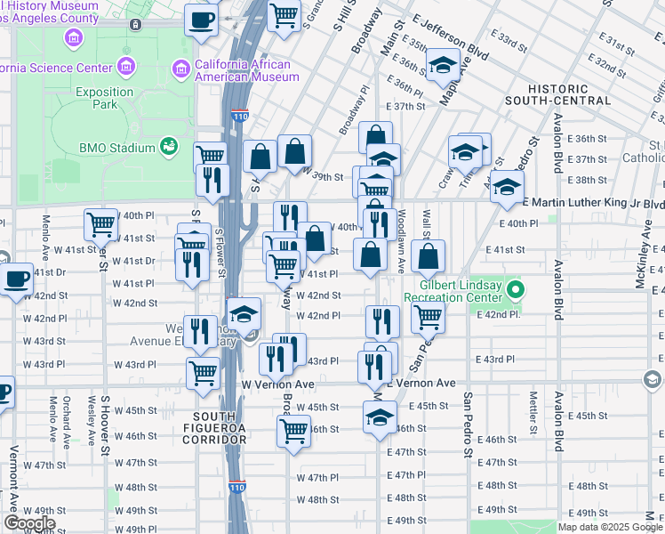 map of restaurants, bars, coffee shops, grocery stores, and more near 212 West 41st Place in Los Angeles