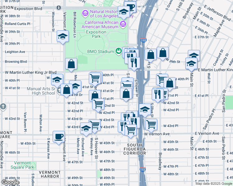 map of restaurants, bars, coffee shops, grocery stores, and more near 535 West 41st Place in Los Angeles