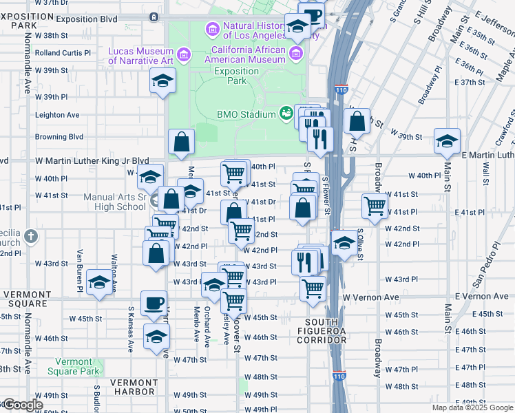 map of restaurants, bars, coffee shops, grocery stores, and more near 635 West 41st Place in Los Angeles