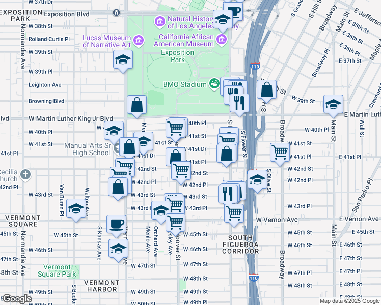 map of restaurants, bars, coffee shops, grocery stores, and more near 635 West 41st Place in Los Angeles