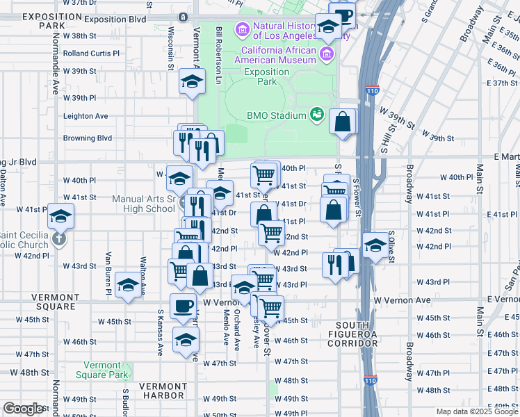 map of restaurants, bars, coffee shops, grocery stores, and more near 737 West 41st Place in Los Angeles