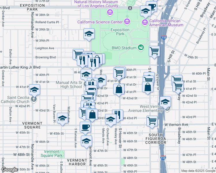 map of restaurants, bars, coffee shops, grocery stores, and more near 831 West 41st Drive in Los Angeles