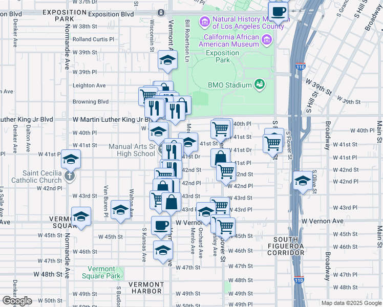 map of restaurants, bars, coffee shops, grocery stores, and more near 4151 Menlo Avenue in Los Angeles