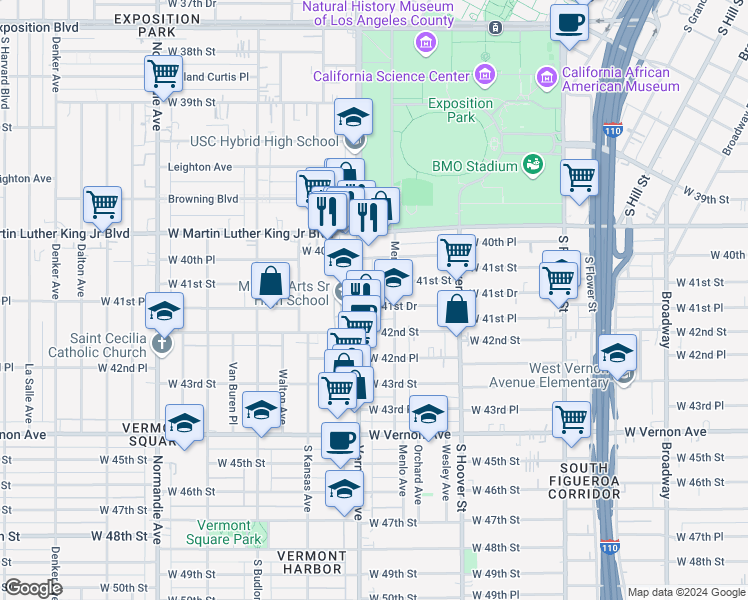 map of restaurants, bars, coffee shops, grocery stores, and more near 4154 Vermont Avenue in Los Angeles