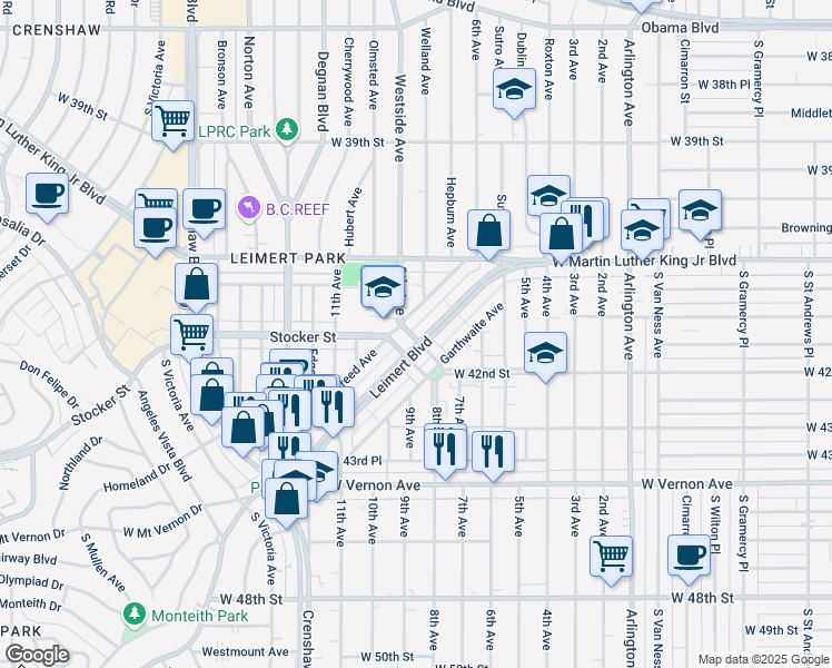 map of restaurants, bars, coffee shops, grocery stores, and more near 3025 Stocker Place in Los Angeles