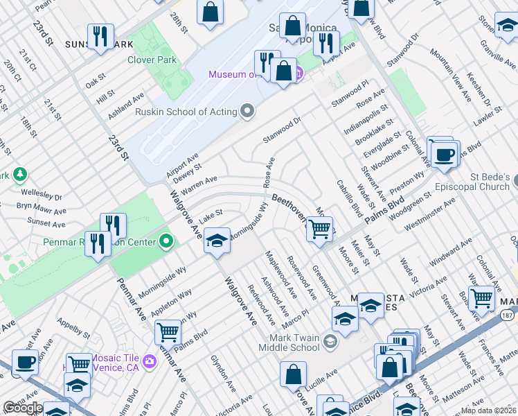 map of restaurants, bars, coffee shops, grocery stores, and more near 13041 Morningside Way in Los Angeles