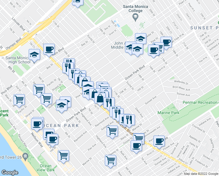 map of restaurants, bars, coffee shops, grocery stores, and more near 1034 Ocean Park Boulevard in Santa Monica