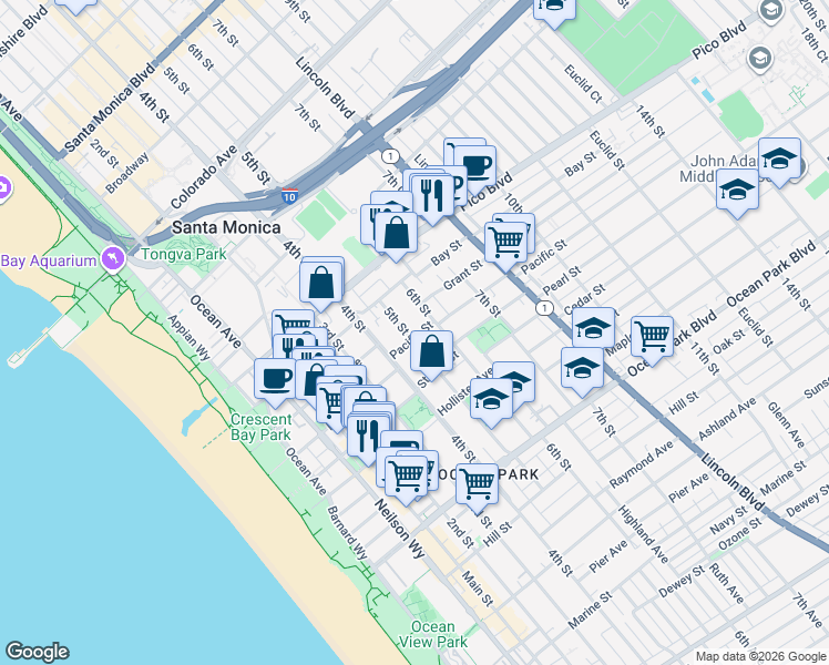 map of restaurants, bars, coffee shops, grocery stores, and more near 409 Pacific Street in Santa Monica