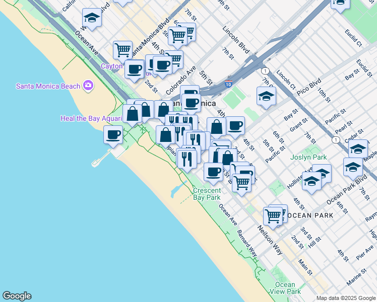 map of restaurants, bars, coffee shops, grocery stores, and more near 1723 Appian Way in Santa Monica