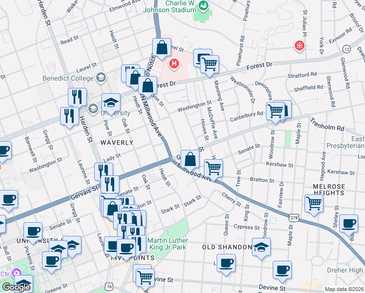 map of restaurants, bars, coffee shops, grocery stores, and more near 2439 Gervais Street in Columbia