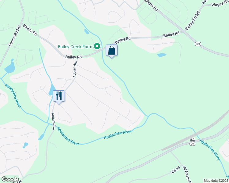 map of restaurants, bars, coffee shops, grocery stores, and more near 3451 Meadow Grass Drive in Dacula