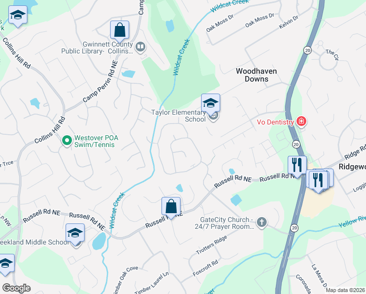map of restaurants, bars, coffee shops, grocery stores, and more near 455 Thorntree Pass in Lawrenceville