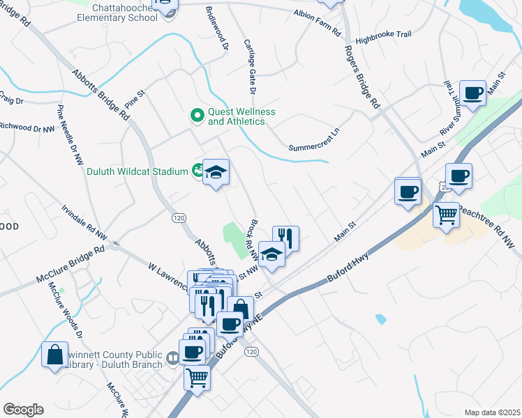 map of restaurants, bars, coffee shops, grocery stores, and more near 3658 Brock Road Northwest in Duluth