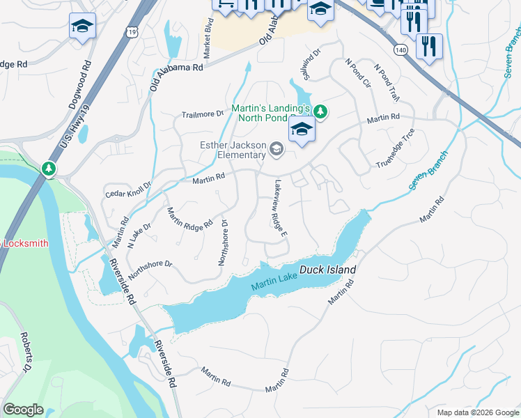 map of restaurants, bars, coffee shops, grocery stores, and more near 250 Lakeview Ridge West in Roswell