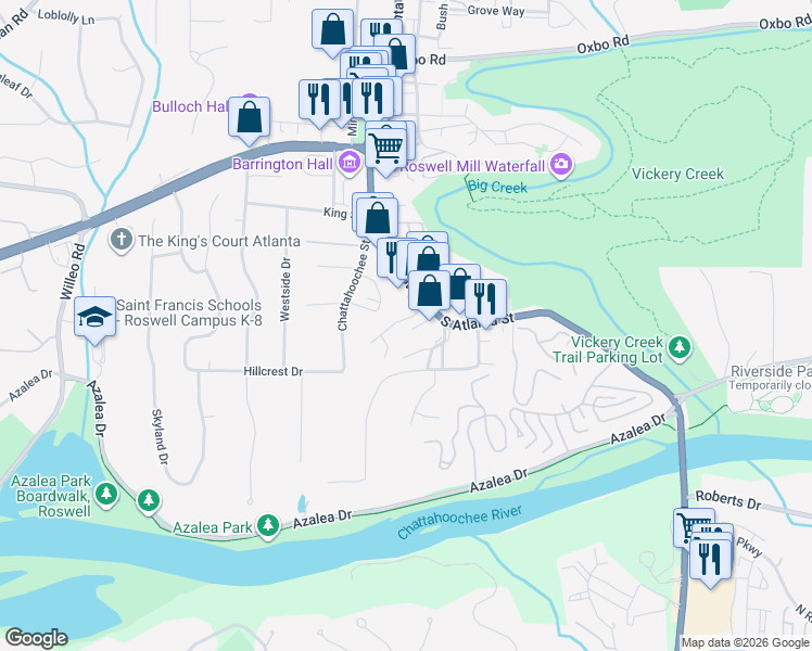 map of restaurants, bars, coffee shops, grocery stores, and more near 1545 Heritage Trail in Roswell