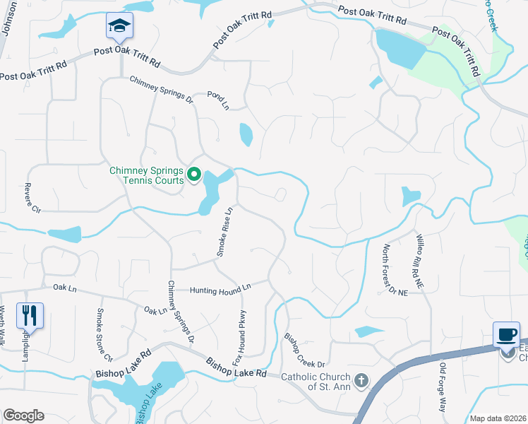map of restaurants, bars, coffee shops, grocery stores, and more near 2723 Chimney Springs Drive in Marietta