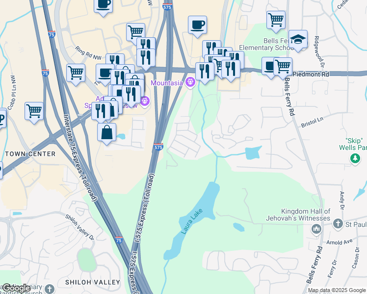 map of restaurants, bars, coffee shops, grocery stores, and more near 25 Jekyll Drive in Marietta