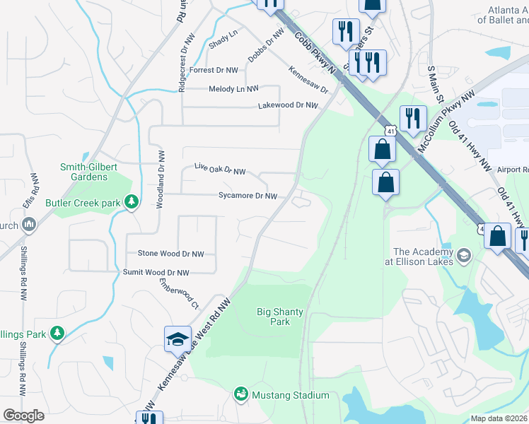 map of restaurants, bars, coffee shops, grocery stores, and more near 2314 Kennesaw Oaks Trail Northwest in Kennesaw