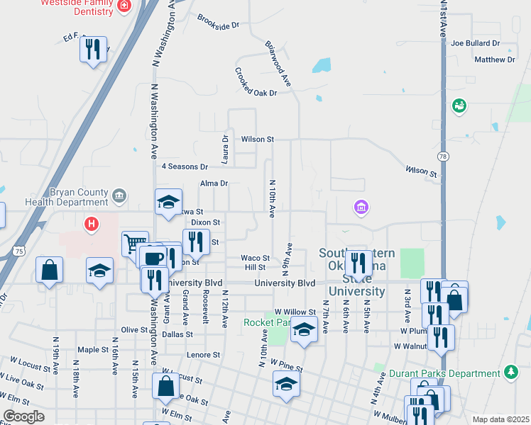 map of restaurants, bars, coffee shops, grocery stores, and more near 1019 Chuckwa Drive in Durant