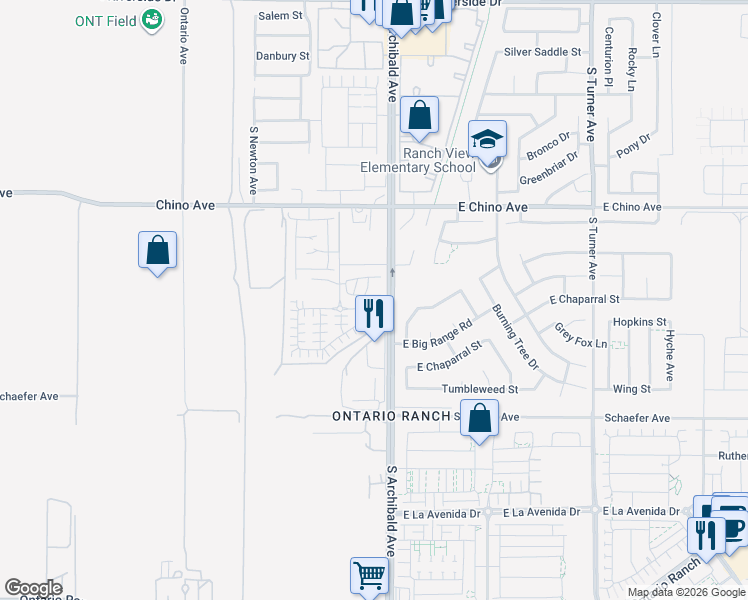 map of restaurants, bars, coffee shops, grocery stores, and more near 2675 Dolomite Street in Ontario
