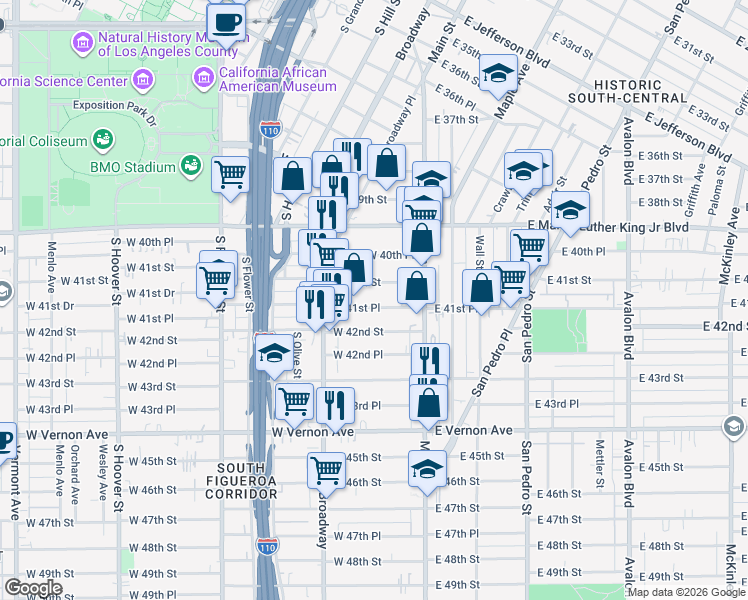 map of restaurants, bars, coffee shops, grocery stores, and more near 212 West 41st Place in Los Angeles