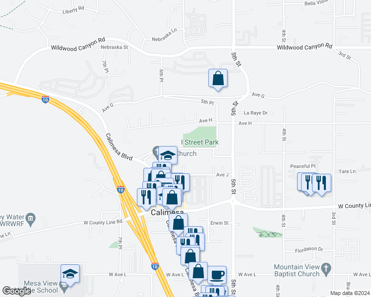 map of restaurants, bars, coffee shops, grocery stores, and more near 34014 Avenue I in Yucaipa