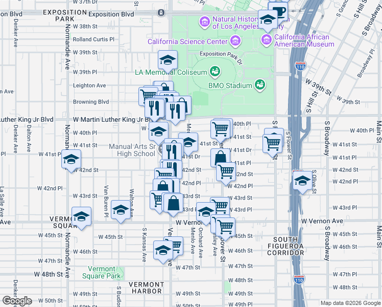 map of restaurants, bars, coffee shops, grocery stores, and more near 4151 Menlo Avenue in Los Angeles