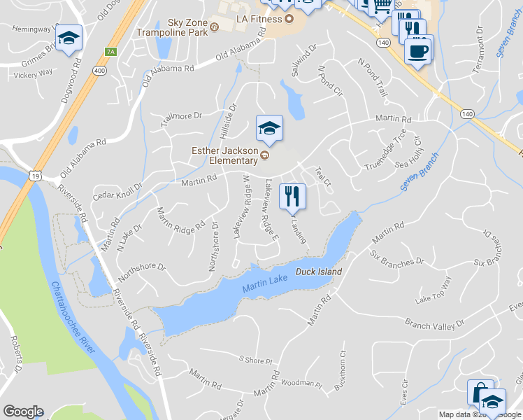 map of restaurants, bars, coffee shops, grocery stores, and more near 235 Lakeview Ridge West in Roswell