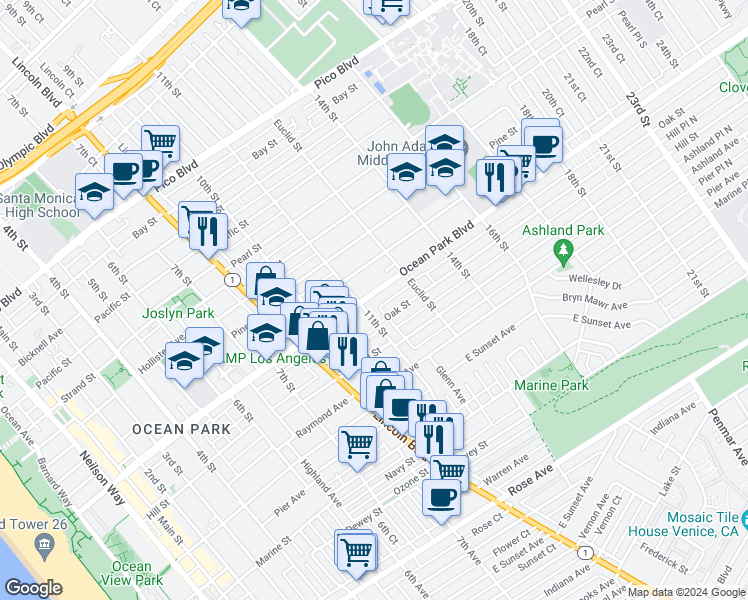 map of restaurants, bars, coffee shops, grocery stores, and more near 1112 Ocean Park Boulevard in Santa Monica
