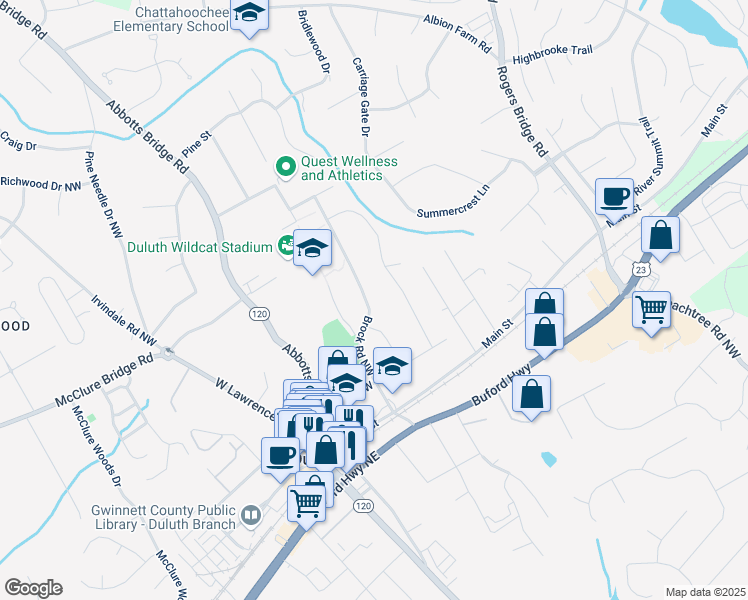 map of restaurants, bars, coffee shops, grocery stores, and more near 3658 Brock Road Northwest in Duluth