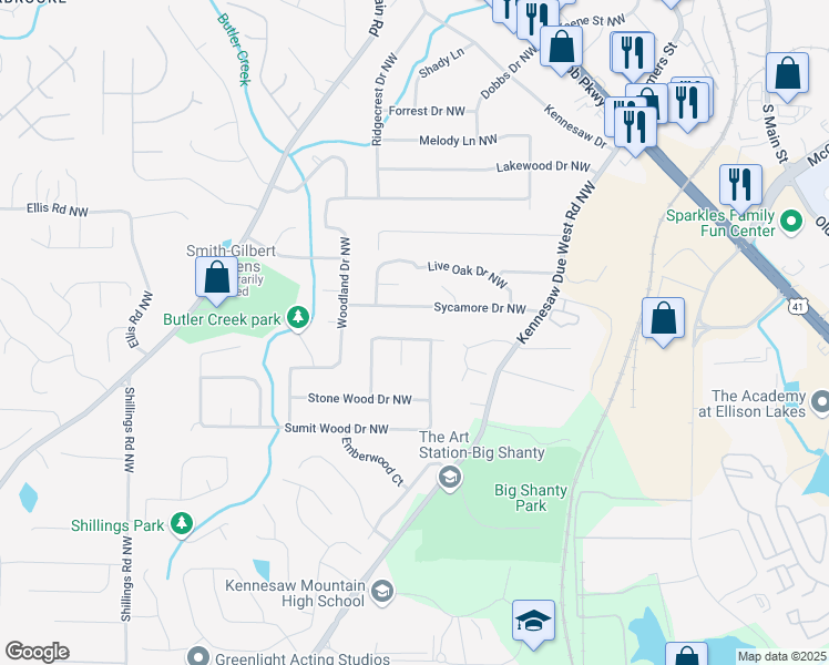 map of restaurants, bars, coffee shops, grocery stores, and more near 8050 Sumit Creek Drive Northwest in Kennesaw